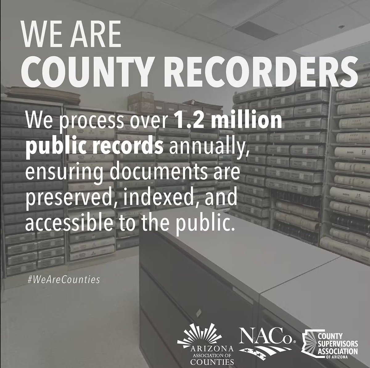 AZCounties's tweet photo. Arizona County Recorders play a vital role in maintaining public records. They record and preserve documents like deeds, liens, and other official filings, ensuring accuracy, transparency, and public access to important information. #NCGM @csaofaz @NACo https://t.co/UuqT5vs1tj