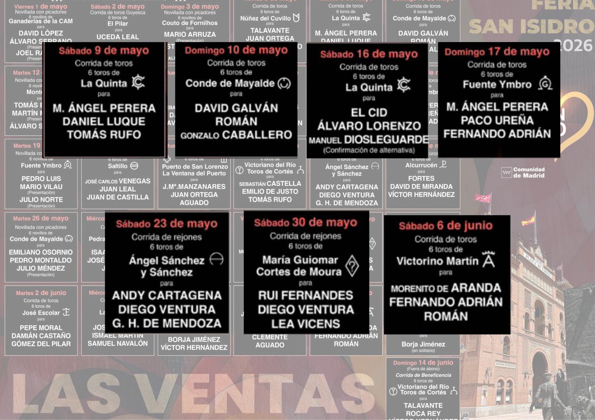 joselupolo_02's tweet photo. VENDO 2 ENTRADAS  LAS VENTAS - GRADA DEL 6 
(San Isidro 2026)

- 9 de mayo
-10 de mayo 
- 16 de mayo
- 17 de mayo (solo una entrada)
-23 de mayo
-30 de mayo
- 6 de junio https://t.co/CAXEJHR4XX