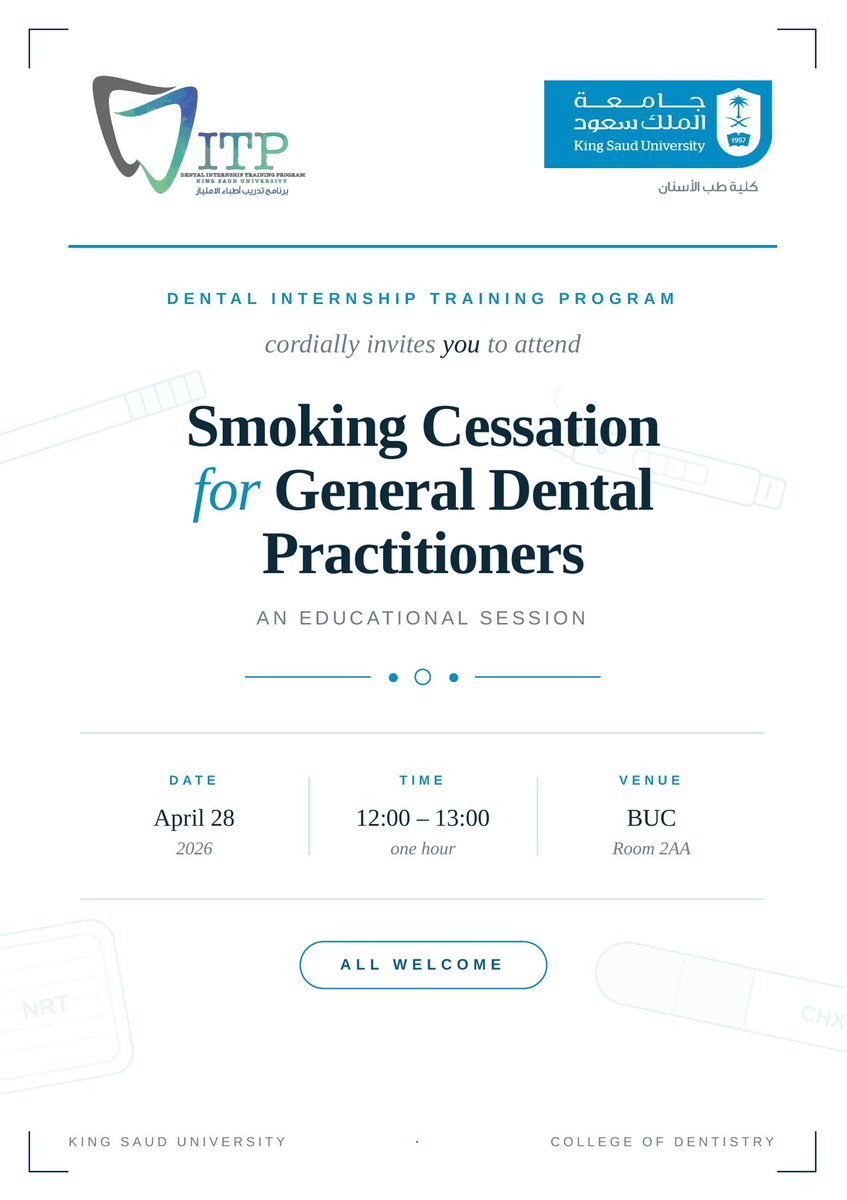 ITPdent_ksu's tweet photo. 📅 Tomorrow at DITP
🕘 9–12: CAD/CAM + Specialized Clinics (Perio, Ortho, OMFS) + Quadrant A
🕛 12–1: Smoking Cessation Lecture
🕐 1–4: CAD/CAM + Pedodontics + Quadrant B https://t.co/f91jyPrtJS