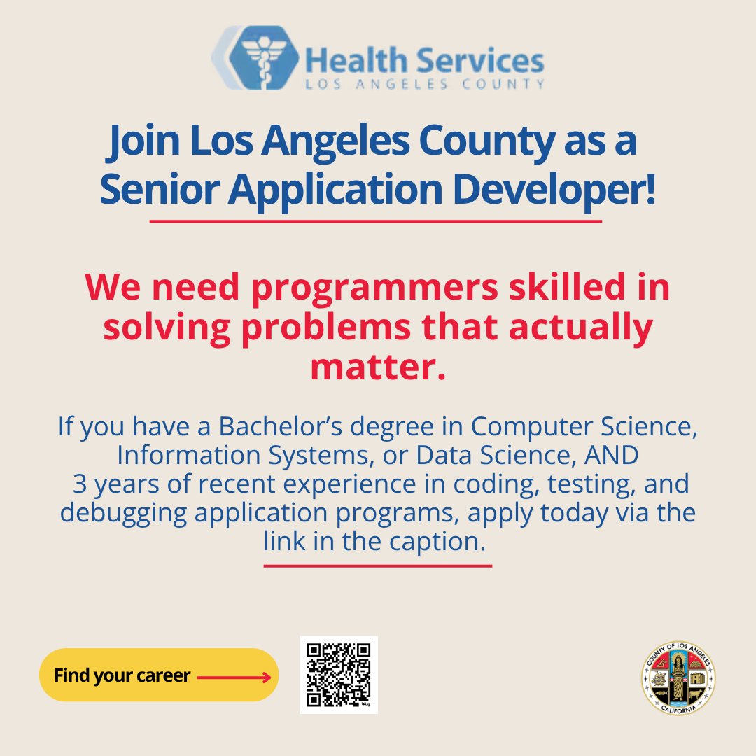 LACountyDHR's tweet photo. The LA County Department of Health Services is hiring a Senior Application Developer! Apply now: https://t.co/A73H5otLHH #lacounty #careers #lacountyjobs #jobhunt #jobsearch #hiringnow #losangeles #countyjobs #jobseekers #nowhiring #appdeveloper #seniorappdeveloper https://t.co/XVd0PoYTVX