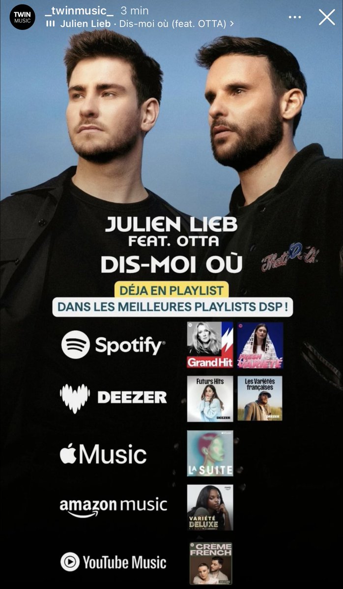 LiebActus's tweet image. Dis-moi où (feat otta) en playlist sur + de 50 radios, déjà en grosses playlists et pour finir sur 4 chaînes de clip 👏 

crédit _twinmusic_

#julienlieb