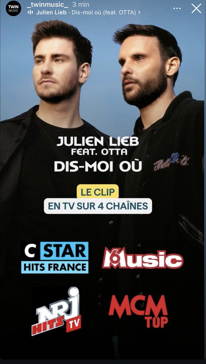 LiebActus's tweet image. Dis-moi où (feat otta) en playlist sur + de 50 radios, déjà en grosses playlists et pour finir sur 4 chaînes de clip 👏 

crédit _twinmusic_

#julienlieb
