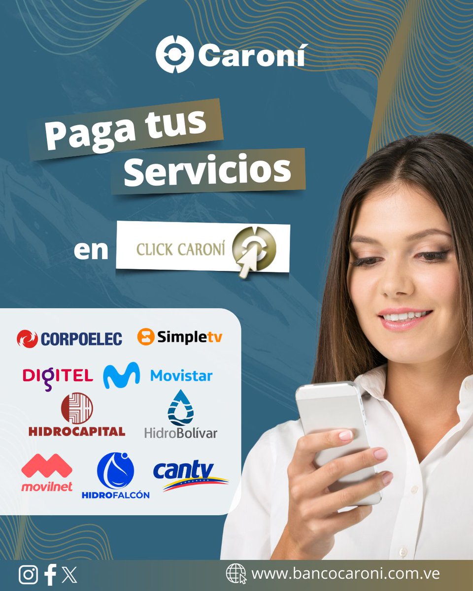 bancaynegocios's tweet photo. Mantenerte al día con tus servicios nunca fue tan fácil.

Con Click Caroní de (@Bcocaroni_ve) podrás pagar tus servicios de Corpoelec, SimpleTV, Digitel, Movistar, Hidrocapital, Hidrobolivar, Movilnet, Hidrofalcon.

#ClickCaroní #CanalesElectrónicos #PagoDeServicios #BancoCaroní https://t.co/DIRPJSbMzy
