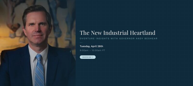Overture_VC's tweet photo. Tomorrow at 9am PT, Governor Andy Beshear joins us for The New Industrial Heartland, a special Overture Insights session.

Don't miss out: https://t.co/GQuoABgHNR https://t.co/KZdypSX0Y8