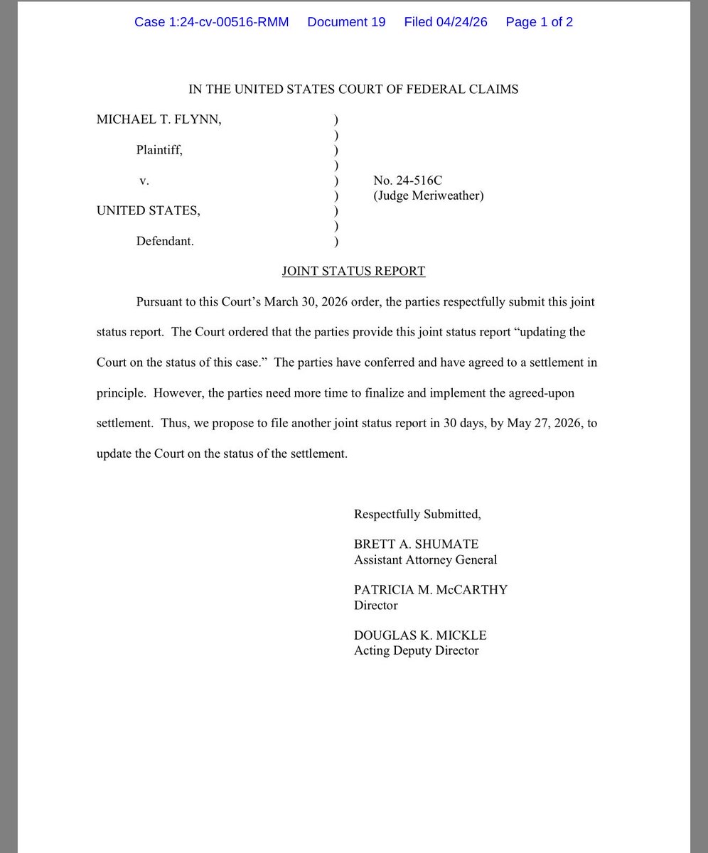 AnnaBower's tweet photo. NEWS: The Trump administration has agreed to a second settlement with Michael Flynn, per filing.

Settlement relates to a civil suit Flynn brought in the Court of Federal Claims, in which he alleges that the U.S. Army illegally garnished his retirement pay.

No details yet on $ https://t.co/K3HyxxasxU