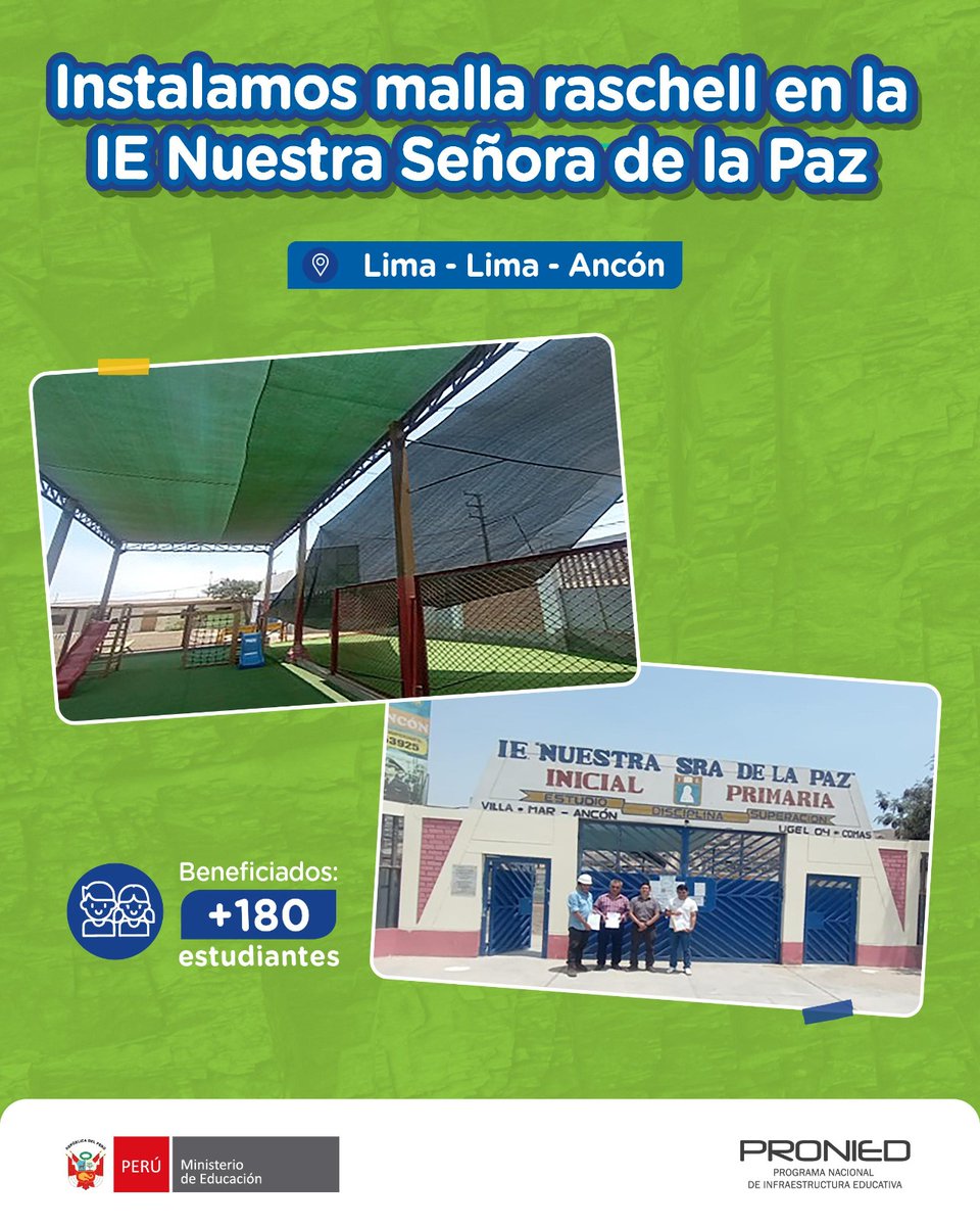 proniedperu's tweet image. ¡Trabajo cumplido! ✅

La Unidad Gerencial de Mantenimiento (UGM) del #Pronied 👨‍🔧 culminó los trabajos de acondicionamiento e instalación de una malla raschel en la IE Nuestra de la Paz, ubicada en el distrito de #Ancón.

#EducaciónPrimero #InfraestructuraEducativa #UGM #Pronied