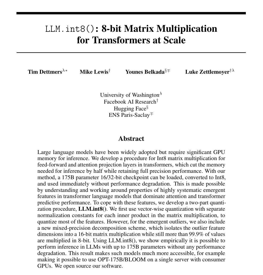 LLM.int8() paper abstract