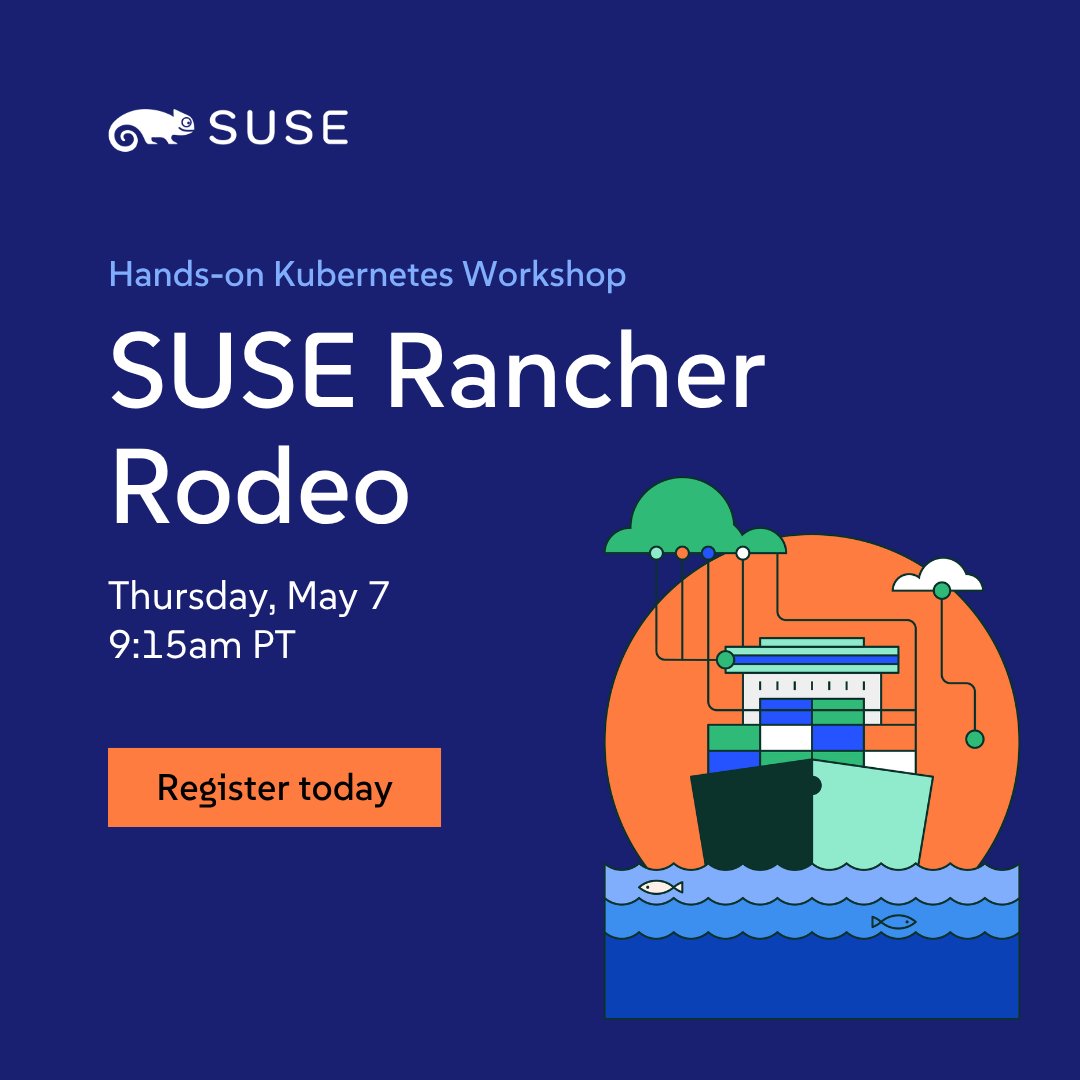 DJuggath's tweet photo. Unlock your #Kubernetes potential! ✨ SUSE Rancher Rodeos are FREE online workshops designed to give you practical, #hands-on experience with Kubernetes. Learn from SUSE experts, no matter your current skill level. Register Today: https://t.co/xcSnarkORE https://t.co/ngldqNl6iJ