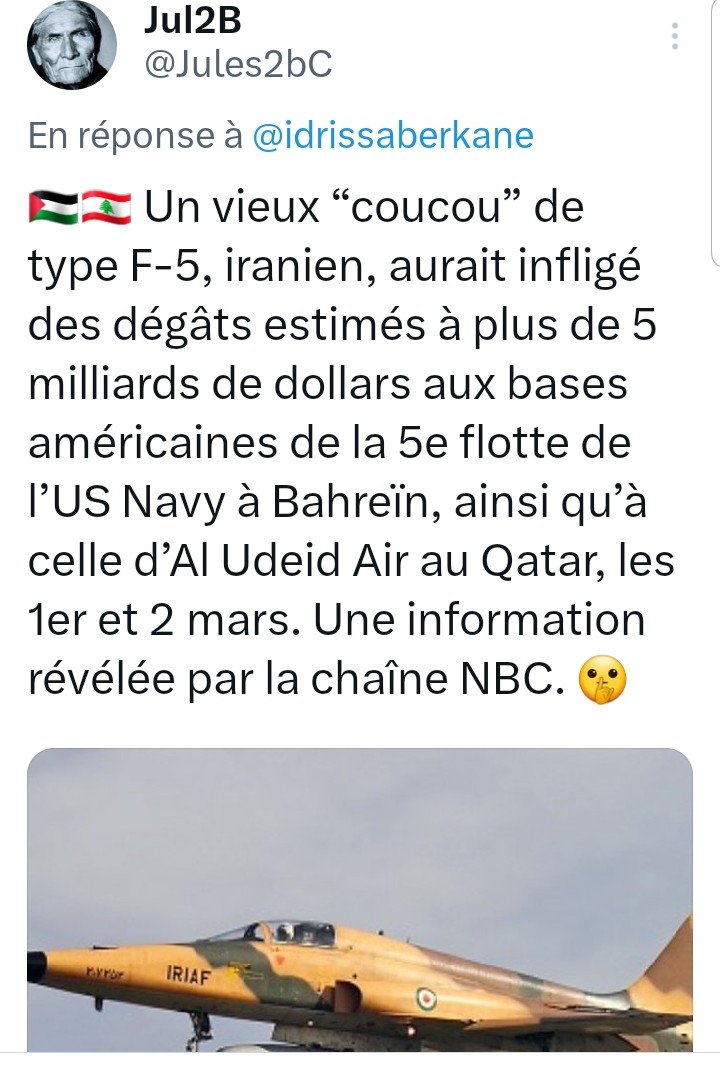 Jules2bC's tweet image. 🇵🇸🇱🇧🔊 Ah, incroyable : vous venez tout juste d'évoquer les dégâts des frappes iraniennes causés par ce ✈ F5.
Une info que #NBCNews avait déjà divulguée il y a 4jours. Mais visiblement, vous travaillez en différé.
Votre timing en dit long sur votre ligne éditoriale.
Tartuffe.