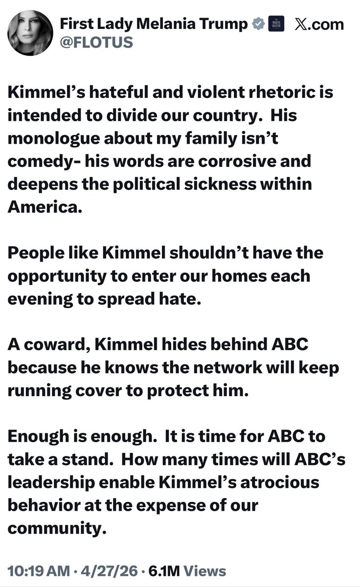 <a href="/WhiteHouse/">The White House</a> When gracious and forgiving Melania rips into <a href="/jimmykimmel/">Jimmy Kimmel</a> for his hate you know it’s disgusting. 

<a href="/ABC/">ABC News</a> fire Kimmel !!