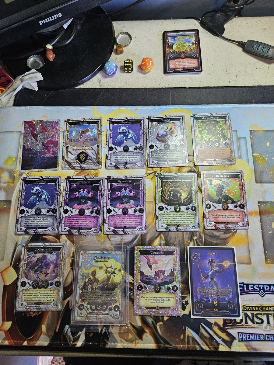 AstrosKnight_YT's tweet photo. My April 4th Prizing has arrived from @Elestrals.
The Playmat is amazing, and my Premier packs gave me the Revers Stellar Quackle I was hoping for.
Pictures do not do the CHAMP card justice. It is so gorgeous! https://t.co/bQNrchX4WH