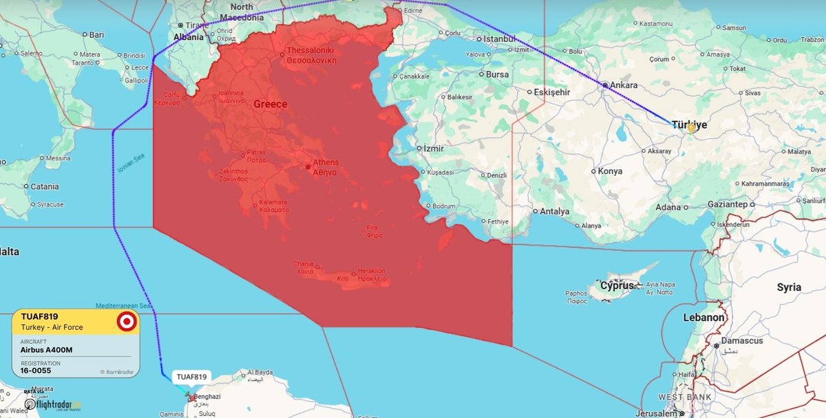 brs2643's tweet image. 🔴Bu sabah Türkiye'den, Libya'ya uçan Türk A400M uçağı, her zamanki gibi Yunanistan'ın hava-hava rotasından (FIR) kaçınmak zorunda kaldı.

#sondakika #yunan #türkiye #war