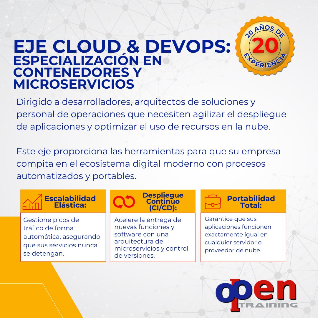 OpenTrainingGT's tweet photo. Lleve su empresa al ecosistema digital moderno. Especialice a su equipo en Contenedores y Microservicios para lograr despliegues ágiles, automatizados y una portabilidad total en la nube. https://t.co/zzrRJxxdZ0