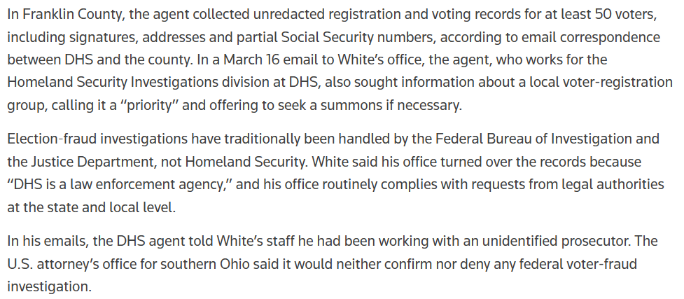 Per Reuters: Trump's push to steal future elections by taking federal control of them is quietly gaining steam, w/ the fed govt carrying out investigations and trying to access voting machines &amp; records in 8 states. They are doing this through DHS, which it's clear by now...