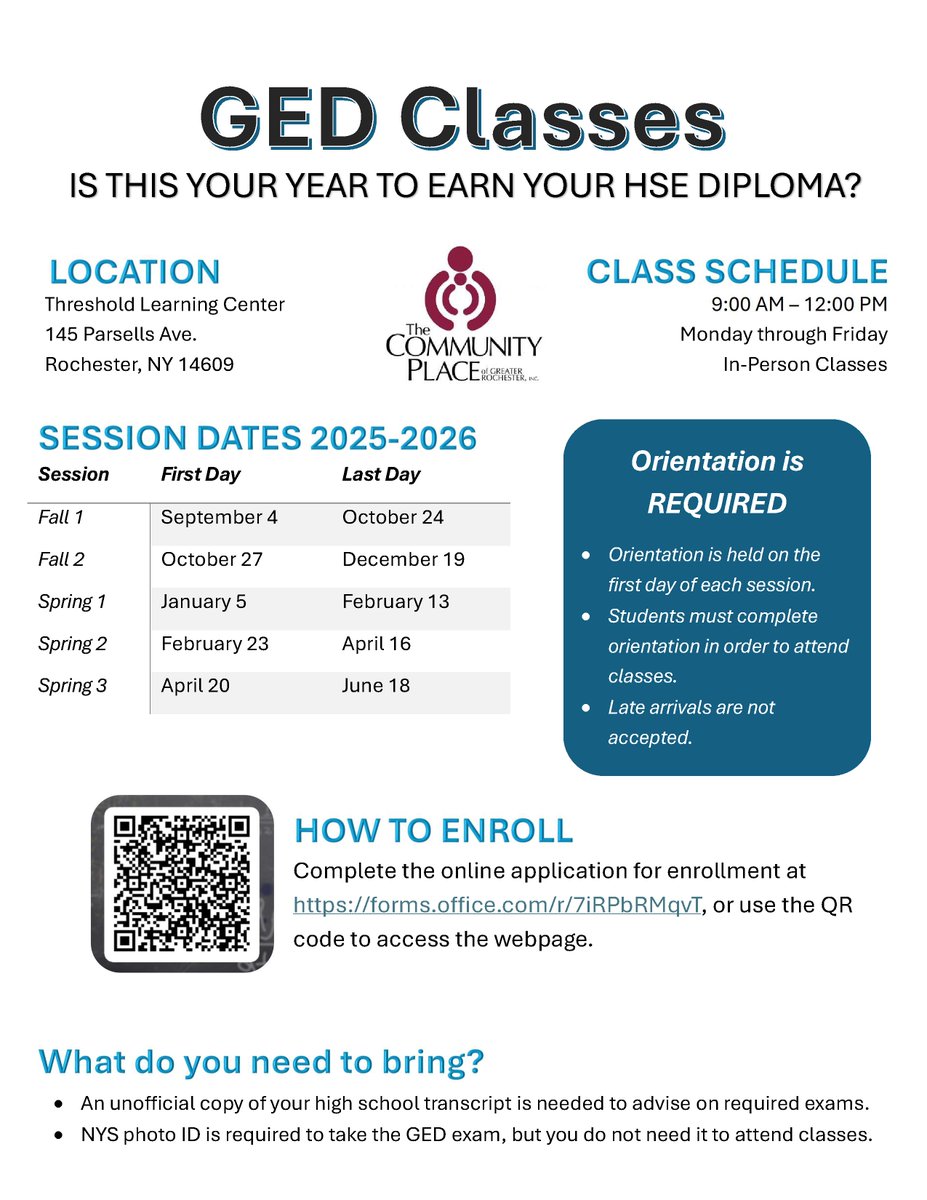 CommPlaceGR's tweet image. It is never too late for a #SecondChance with our GED Program - a new session just started and we will have more over the Summer! Scan the code to start your enrollment!!