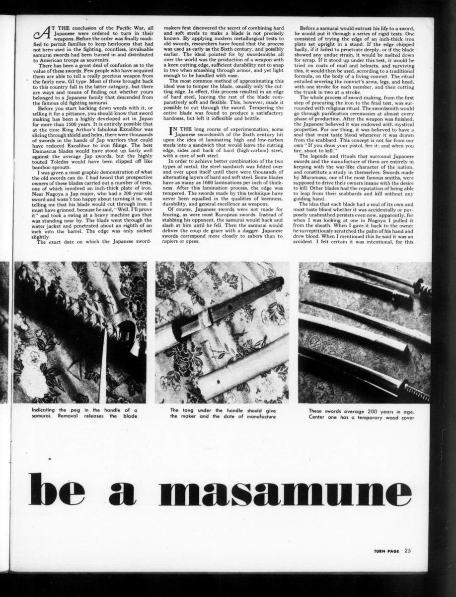 CToast99's tweet photo. @RYUNPON000 Some soliders may not have recognized the value but many did. This is a 1947 article from the USMC magazine ���Leatherneck” explaining the difference between mass produced and historical swords. https://t.co/O2MWVYf9Wg