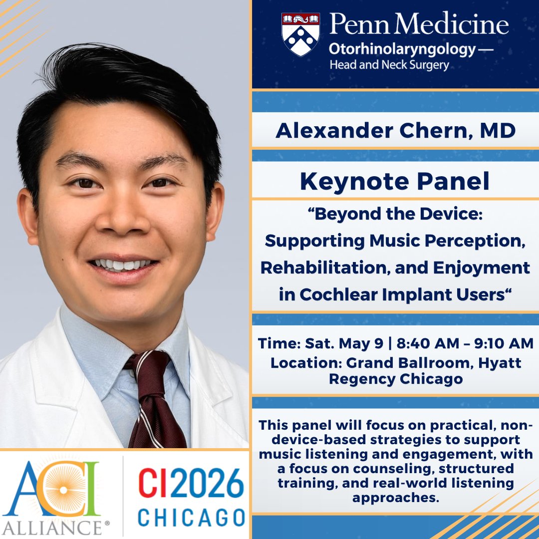 Penn_ENT's tweet photo. We’re excited to see Dr. Chern in a keynote panel at CI2026 on supporting music perception, rehabilitation, and enjoyment in cochlear implant users 🎶🎤
#CI2026 #keynotepanel #Otology #CochlearImplant #acialliance https://t.co/4q6NRWsMvO