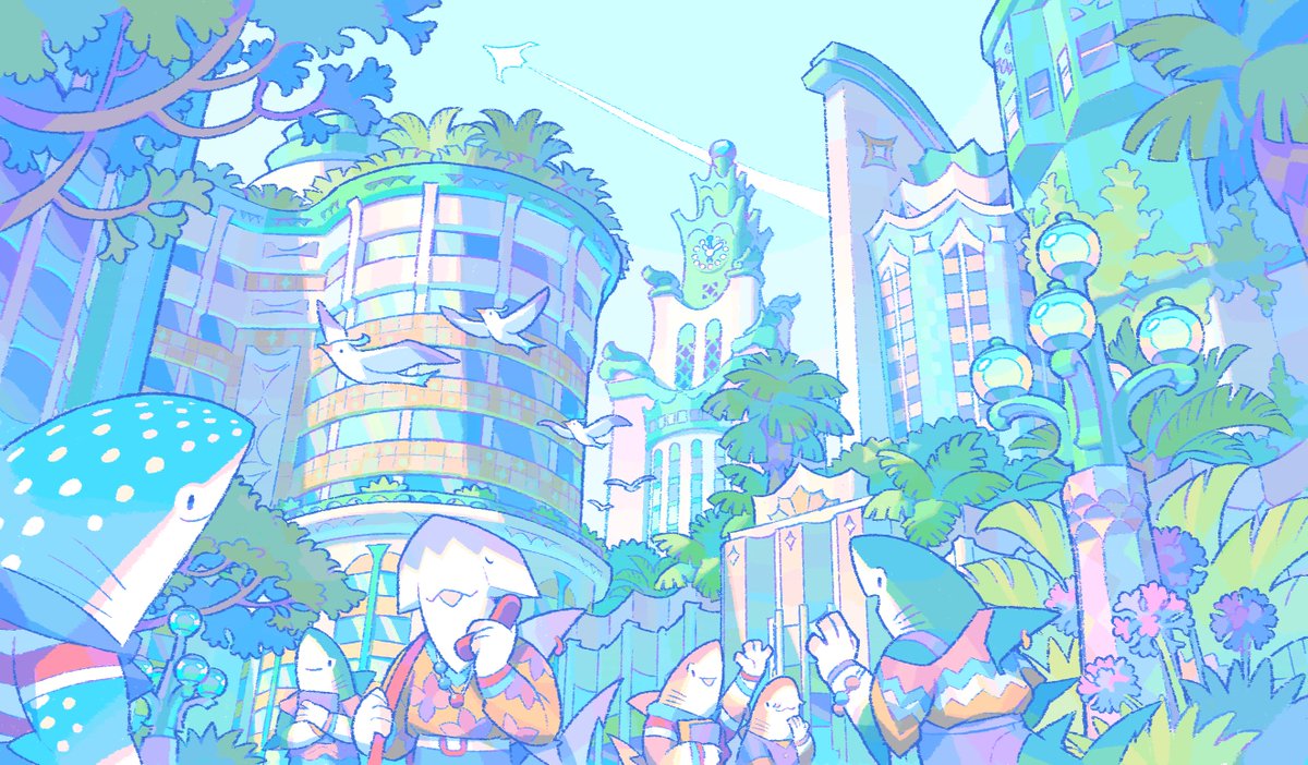 Requinoesis's tweet image. Urban Sharks 🏙️🦈✨

A clear blue sky and just another typical day in the life of the sharkfolk in downtown Tidebay!

#shark