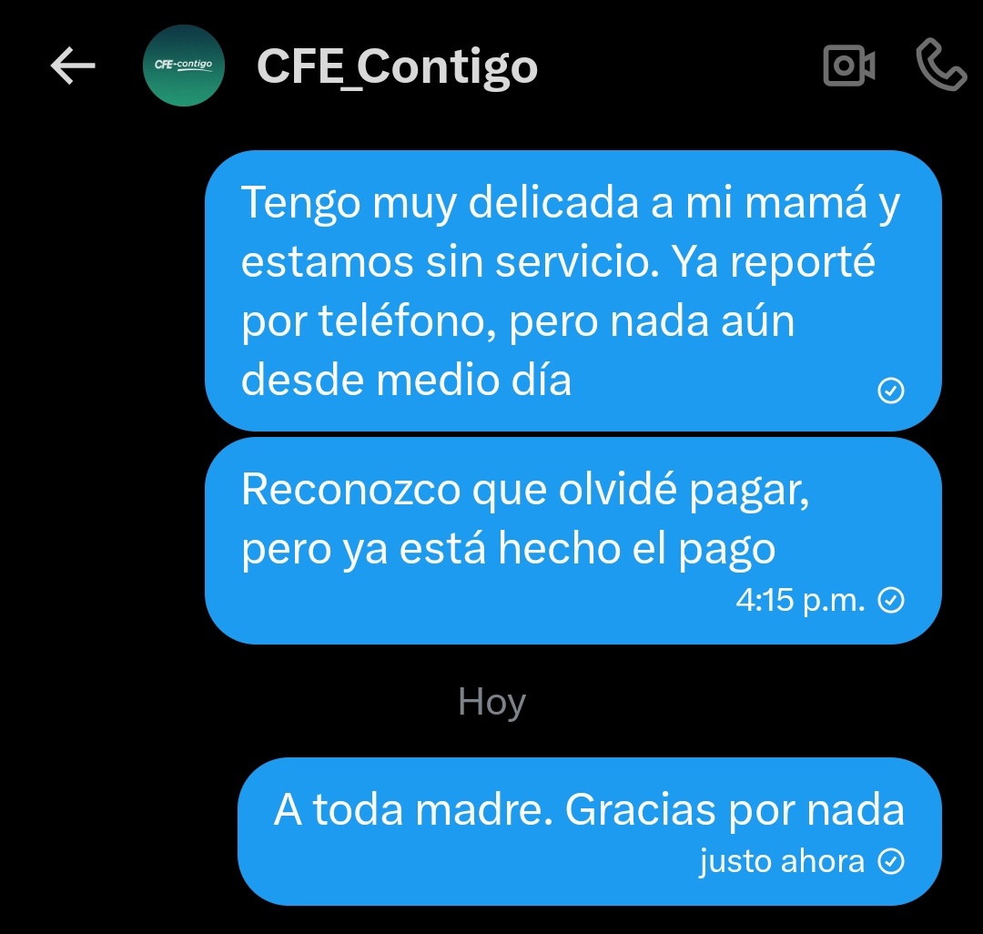 Zeusarito's tweet photo. Que A TODA MADRE la "atención" de @CFE_Contigo @CFEmx

Que su trabajo sea interactuar en redes sociales, y que no se dignen en siquiera responder un mensaje. Ya mejor que les paguen por estar en su casa! https://t.co/nnk8wzxJyp