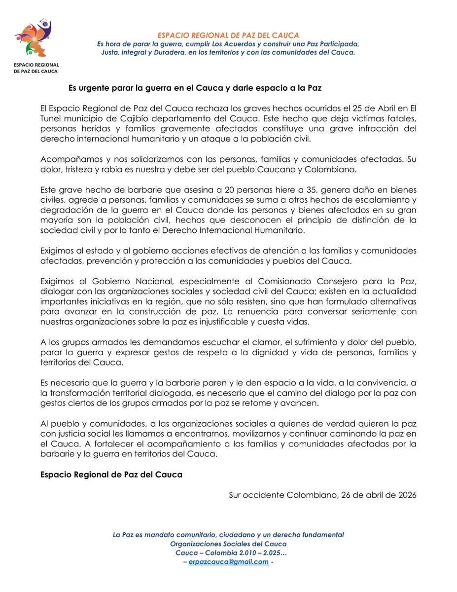 Espacio Regional de Paz del Cauca tweet media