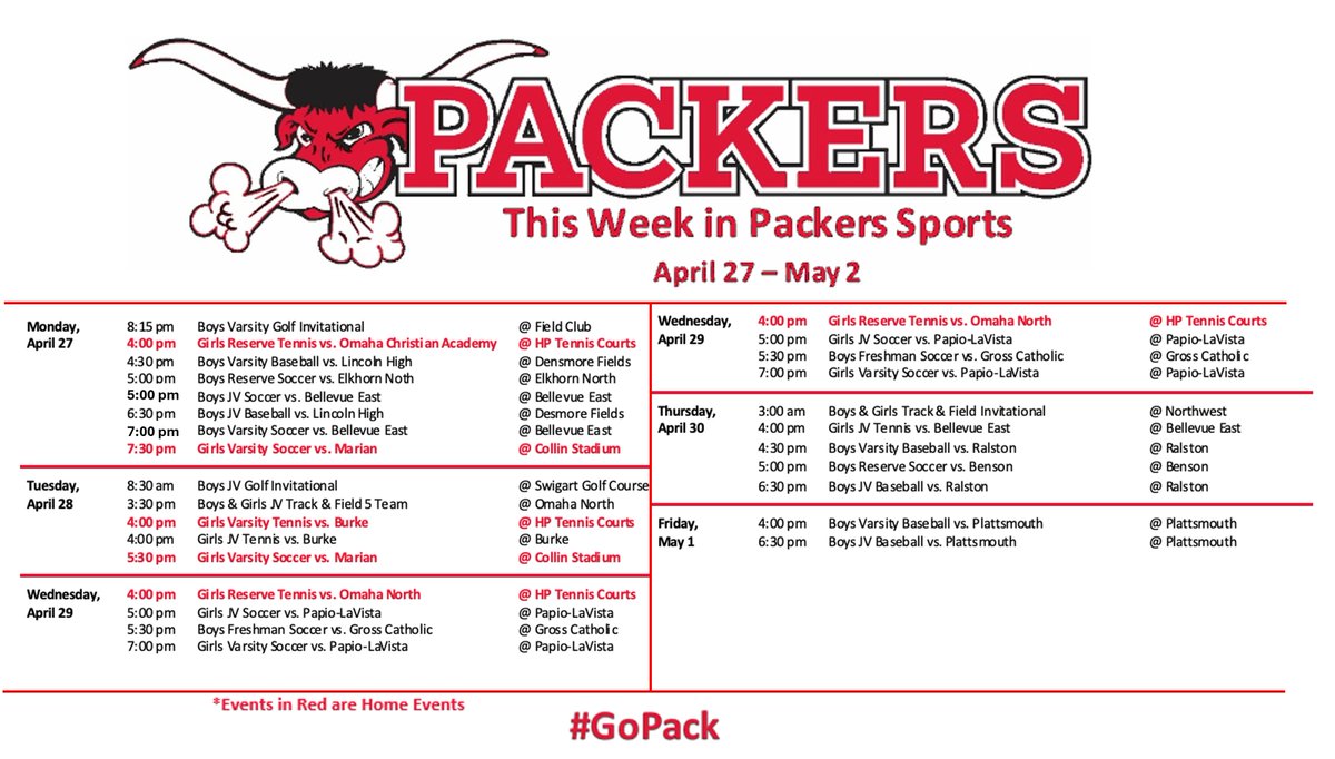 OPS_SouthHigh's tweet photo. Another busy week for Packer athletics. Come out and support the Packers!

#THESouthHigh #GoPack https://t.co/0ZpNT9Gl07