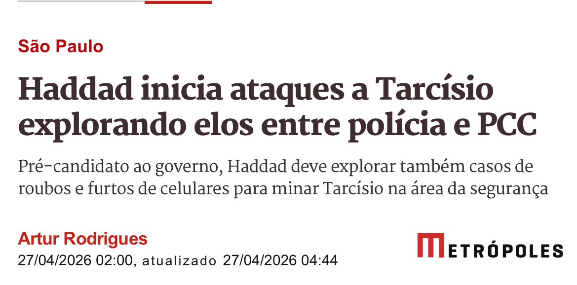 Tarcísio passou anos vendendo a imagem de xerife de São Paulo. Só que a realidade está batendo na porta.

Haddad cobrou explicações sobre policiais ligados ao PCC e sobre a Transwolff, empresa de ônibus investigada por lavagem de dinheiro para a facção. Agora vem uma operação