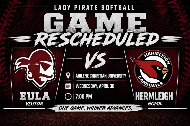 EulaISD's tweet photo. LPSB//

🎟️ GAME UPDATE – DATE &amp; TICKET INFO 🎟️

The Regional Quarterfinal game has been rescheduled to Wednesday at 7:00 PM at ACU due to rain chances on Thursday. 

Tickets:
• $4 Adults
• $2 Students
• Passes accepted

Let’s show up LOUD and PROUD!  🏴‍☠️🥎 https://t.co/uwJIlMMCAS