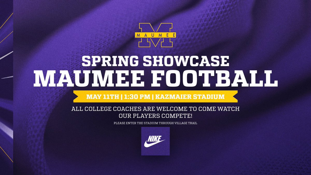MaumeePantherFB's tweet photo. COLLEGE COACHES – SPRING SHOWCASE REMINDER

Maumee Football will be hosting our Spring Showcase on:

📅 May 11th
⏰ 1:30 PM
📍 Kazmaier Stadium – Maumee High School

We invite you to come evaluate our players as they compete and showcase their development this offseason.

Entry Information:
Please enter the stadium through the Village Trail entrance

We appreciate your time and interest in our program and look forward to seeing you on May 11th.
