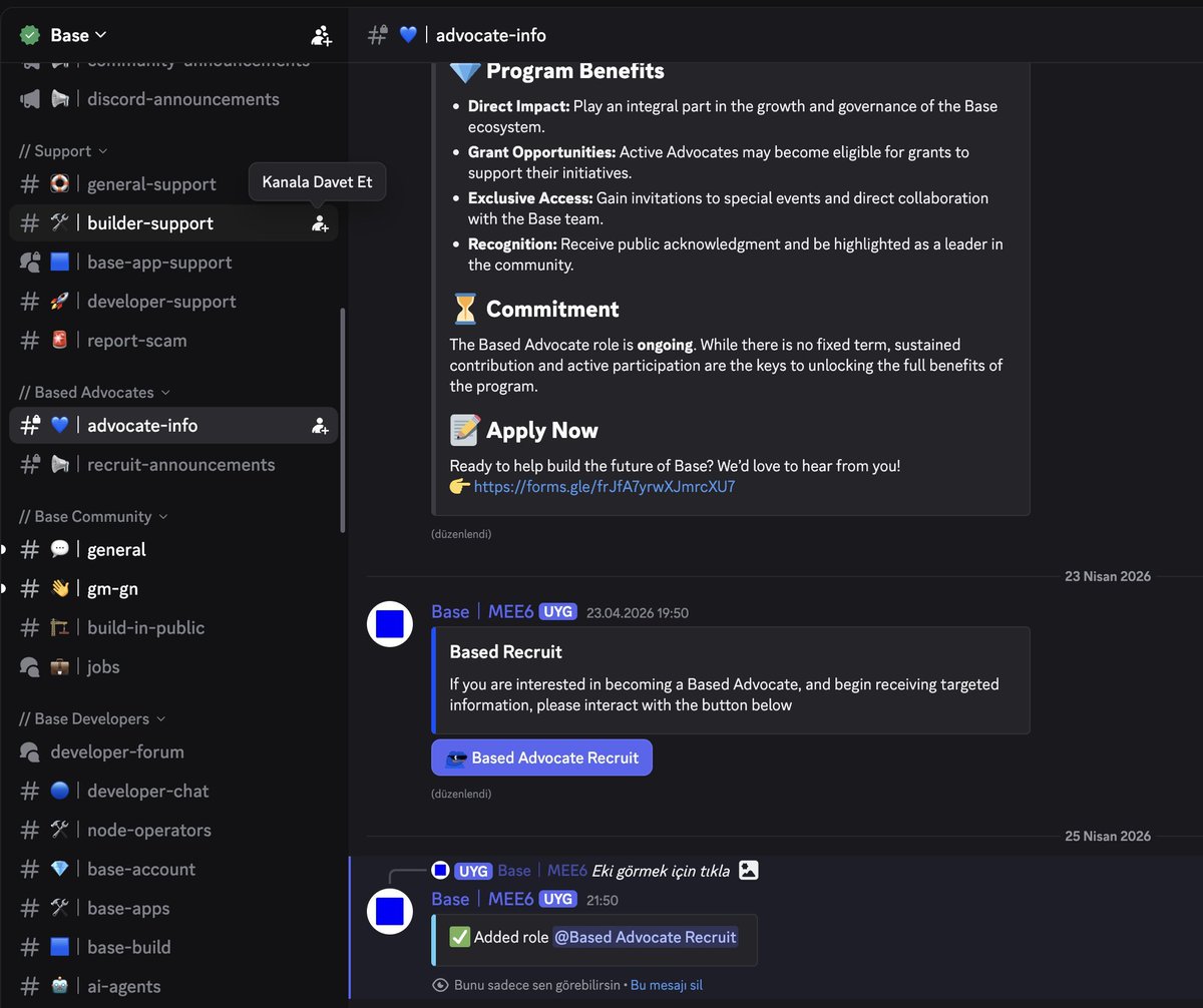 dondurito11's tweet image. 🚀 New opportunity in the @base ecosystem: Based Advocate Recruit
If you're active on Base Discord, this is something you shouldn’t miss.
📌 What to do:
• Join the @base Discord
• Find the #advocate-info channel
• Click the “claim” button via the bot to get the role
But this