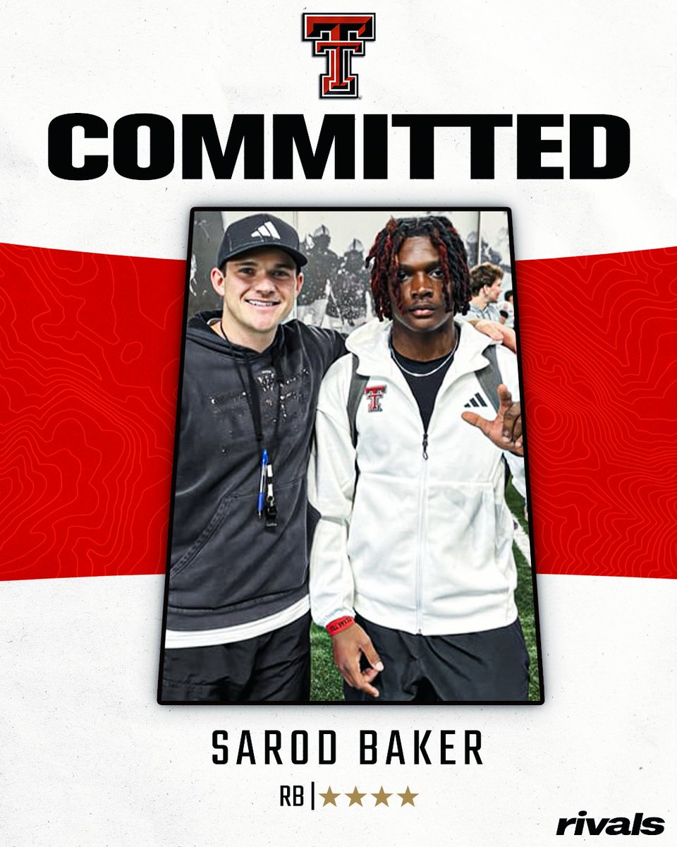 🚨BREAKING🚨 4-star RB SaRod Baker has committed to Texas Tech, <a href="/Hayesfawcett3/">Hayes Fawcett</a> reports🌵

Baker is the No. 6 RB in the 2027 class.

Read: on3.com/rivals/news/4-…