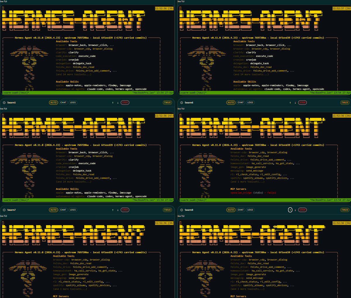 HermesSwarm running 8 parallel agent workers in tmux terminals
