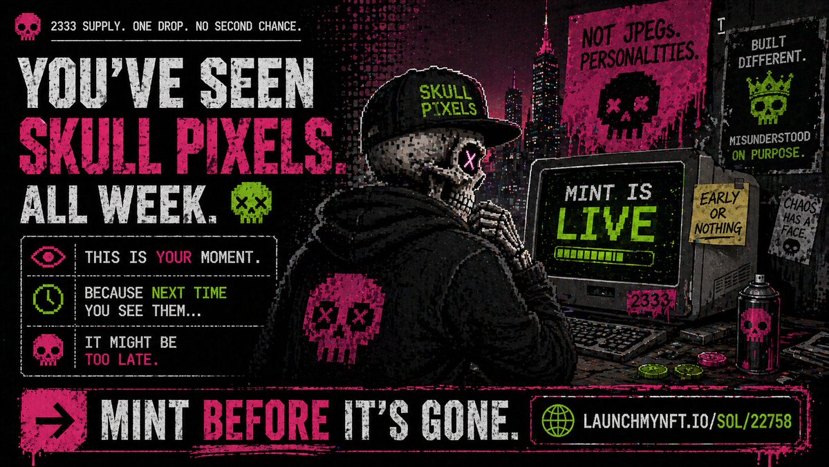 MintCulture_'s tweet image. You’ve seen Skull Pixels all week.

This is your moment.

Because next time you see them…

It might be too late.

👉 Mint before it’s gone:
launchmynft.io/sol/22758

#NFT #SolanaNFT #MintNow #Web3
