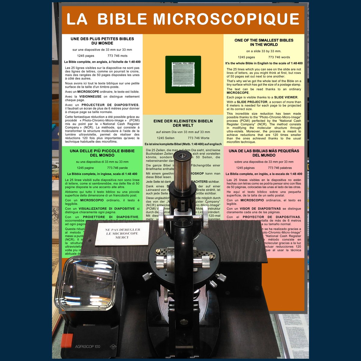 N 15,Vous trouverez la Bible au microscope, soit 1245 pages, sur une diapositive (30 x 27 mm) ! 1 Place Benjamin Zix Petite France Strasbourg
elshaddaimetalblanc.com/expo-bible-201…