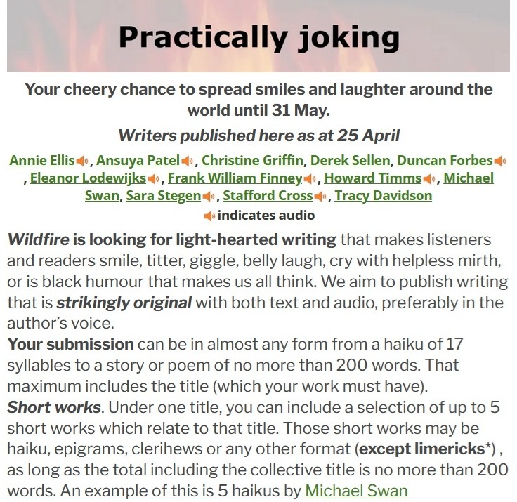WordsWildfire's tweet photo. Practically Joking gives you a cheery chance to enjoy other writer’s humour -- or add your own voice to spread smiles and laughter around the world in this free submission window for prose or poetry. https://t.co/RihX59EBFU https://t.co/ytIlcrRvZQ