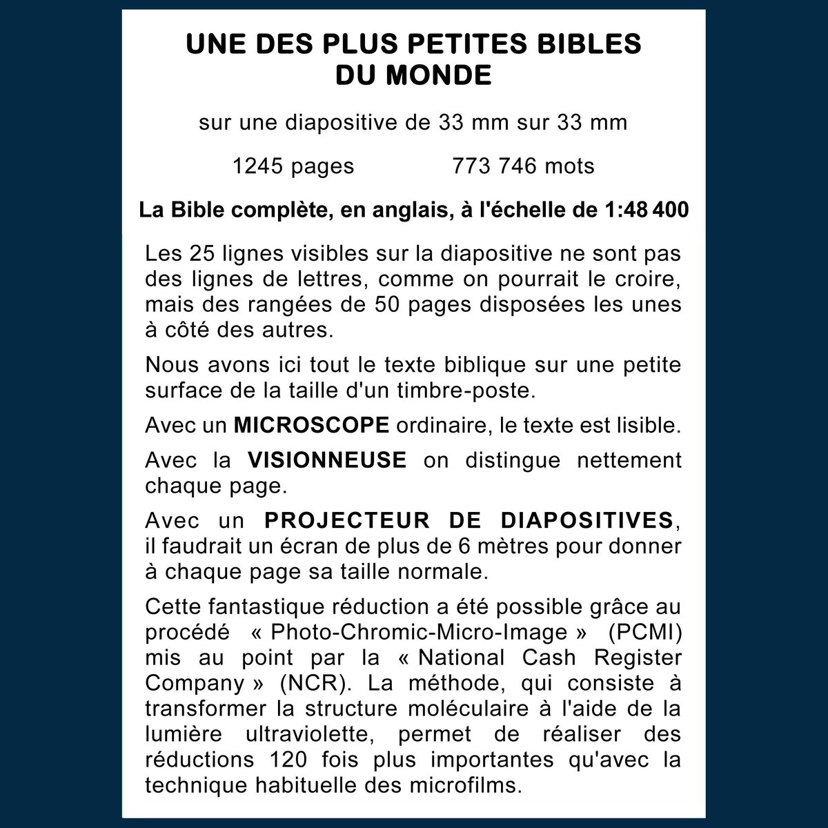 N 15,Vous trouverez la Bible au microscope, soit 1245 pages, sur une diapositive (30 x 27 mm) ! 1 Place Benjamin Zix Petite France Strasbourg
elshaddaimetalblanc.com/expo-bible-201…