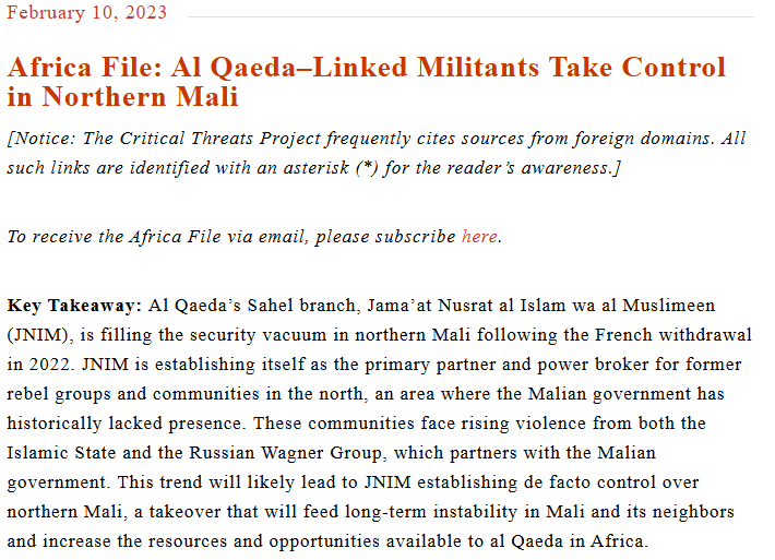 liam_karr's tweet photo. The alliance between FLA Tuareg rebels and JNIM, and the resulting loss of huge chunks of northern Mali, is the direct and predictable result of the junta's decision to cut ties with France in favor of Russia, kick out the UN (MINUSMA), and scrap the 2015 Algiers agreement.

We essentially called what happened over the weekend all the way back in February 2023: "Al Qaeda’s Sahel branch, Jama’at Nusrat al Islam wa al Muslimeen (JNIM), is filling the security vacuum in northern Mali following the French withdrawal in 2022. JNIM is establishing itself as the primary partner and power broker for former rebel groups and communities in the north, an area where the Malian government has historically lacked presence. These communities face rising violence from both the Islamic State and the Russian Wagner Group, which partners with the Malian government. This trend will likely lead to JNIM establishing de facto control over northern Mali, a takeover that will feed long-term instability in Mali and its neighbors and increase the resources and opportunities available to al Qaeda in Africa."