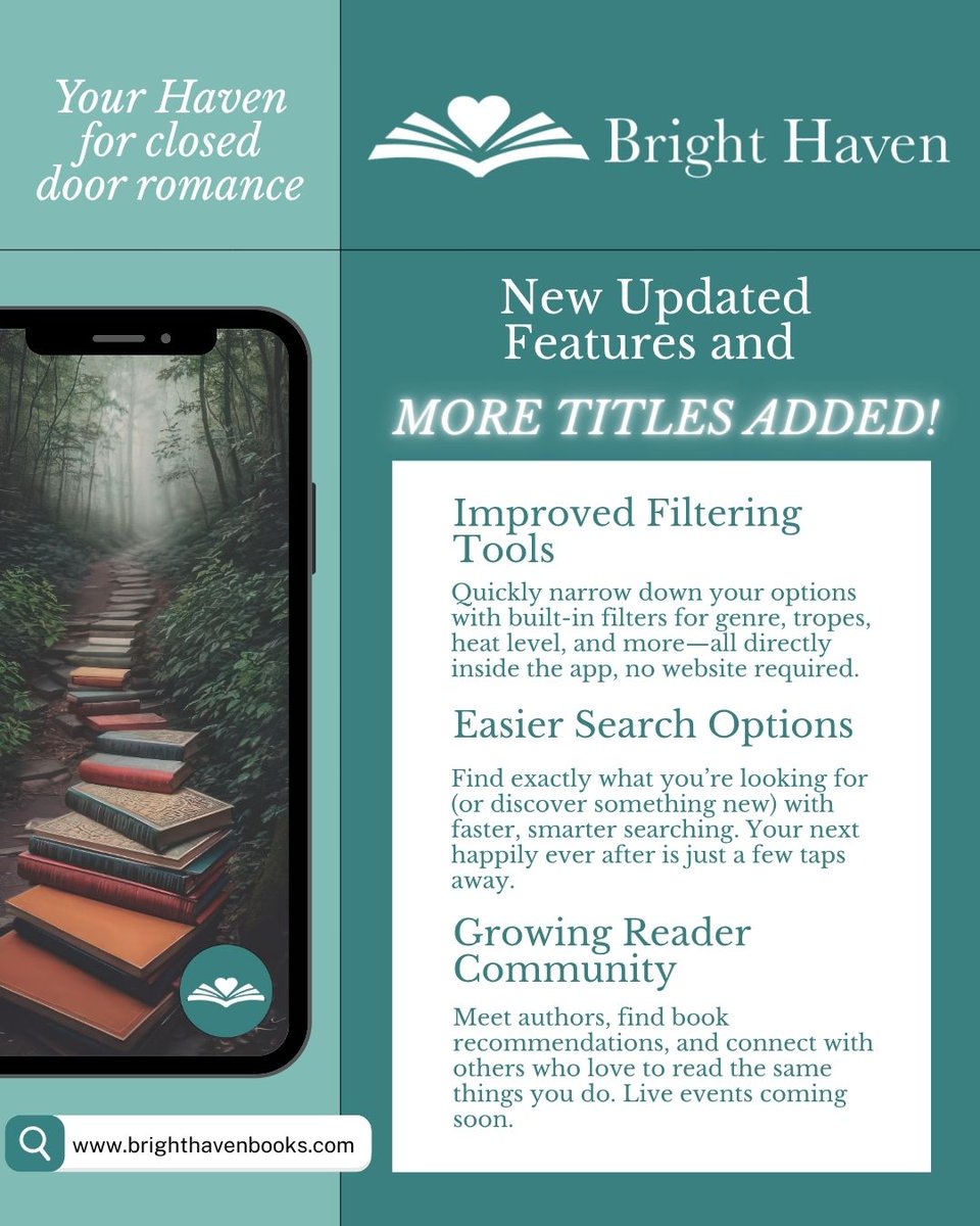 juliebellon's tweet photo. The new Bright Haven Books app launches TODAY! Read or listen to hundreds of no spice romance books. It has amazing filters, a fun reading community and a free plan! You should definitely try this out. I think you'll love it! Here's the link: https://t.co/1G99B5YSt3 https://t.co/oBBl6vQYbY