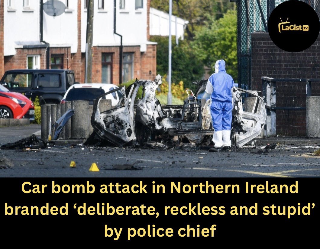 LagistTv's tweet image. Car bomb attack outside police station in Northern Ireland slammed as “deliberate, reckless and stupid” Suspects hijacked a vehicle and forced a driver to deliver the device before it exploded but quick police action meant no injuries #NorthernIreland #Belfast #CarBomb #CrimeNews