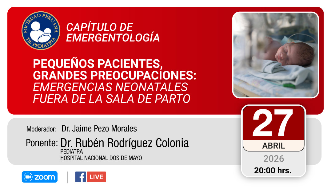 spp_org's tweet image. PEQUEÑOS PACIENTES, GRANDES PREOCUPACIONES: EMERGENCIAS NEONATALES FUERA DE LA SALA DE PARTO
Registro ZOOM: tinyurl.com/2npwrh43
🔷CAPÍTULO DE EMERGENTOLOGÍA🔷
🗓 27 de abril de 2026
⌚️ 20:00 horas

#sociedadperuanadepediatria #SPP #Pediatra #Neonatologia #EmergenciaNeonatal