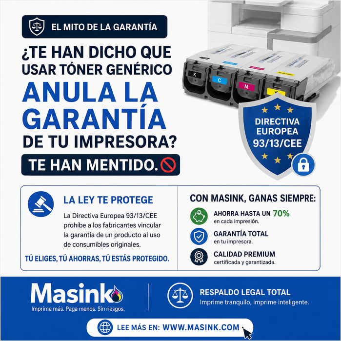 masink_'s tweet photo. ¿Te  han dicho que usar tóner genérico anula la garantía de tu impresora? 
Te  han mentido. 🚫 La Directiva Europea 93/13/CEE te protege. En Masink te  ahorramos el 70% con respaldo legal total. 
Lee más aquí:   https://t.co/rhghmoHDv0 https://t.co/1FWpyulMwh