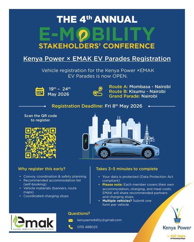 SNAfricaNews's tweet image. ACTION REQUIRED- REGISTRATION IS NOW OPEN! Kenya Power × EMAK EV Parades Registration

Register here: docs.google.com/forms/d/1YM0-q…  or scan the QR Code to register

Parade Dates: 19th – 24th May 2026 Registration Deadline: Friday, 8th May 2026, don't sleep on this!

#ApplyNow