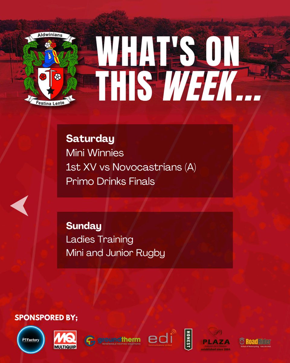 aldwinians_rufc's tweet image. This week’s #whatson

🏉 Mens training
🚺 Ladies and Girls Training 
🚶‍♂️ Touch Rugby
🧒🏻 Mini Junior Rugby 
🏆1st XV 
🥤Primo Drinks Finals

🔴⚪️ 

#aldwinians #rugbyunion #rugby #audenshaw #tameside #northwest