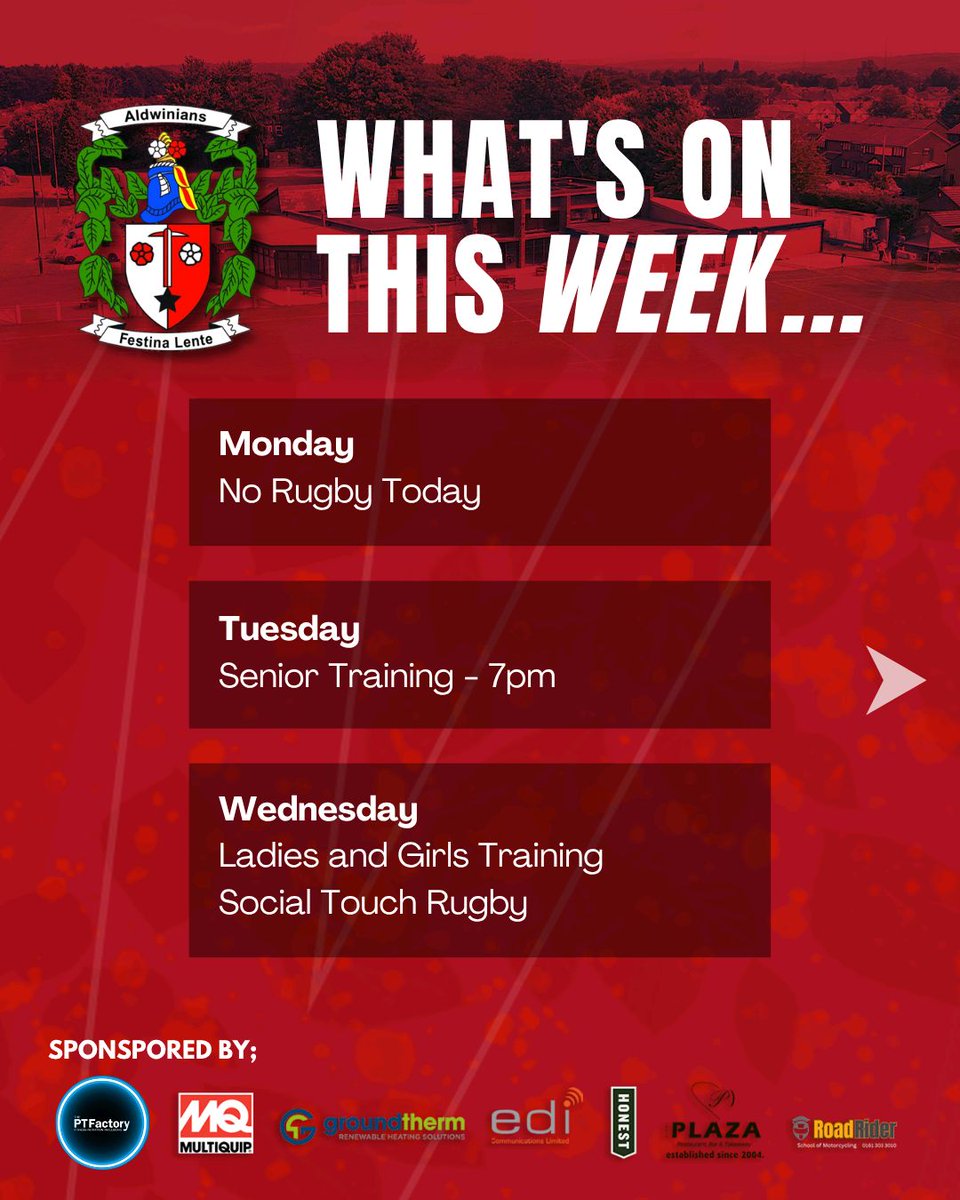 aldwinians_rufc's tweet image. This week’s #whatson

🏉 Mens training
🚺 Ladies and Girls Training 
🚶‍♂️ Touch Rugby
🧒🏻 Mini Junior Rugby 
🏆1st XV 
🥤Primo Drinks Finals

🔴⚪️ 

#aldwinians #rugbyunion #rugby #audenshaw #tameside #northwest