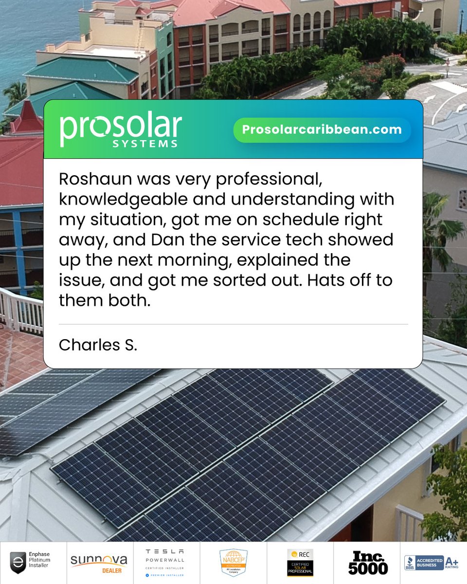 ProSolarAmerica's tweet image. Professional, responsive, and reliable.

When service matters, our team shows up ready to solve the problem quickly and clearly.

340.201.4752
prosolarcaribbean.com

#ProSolarCaribbean #CustomerTestimonial #ReliableService #SolarExperts #EnergySupport #StThomasVI #StJohnVI