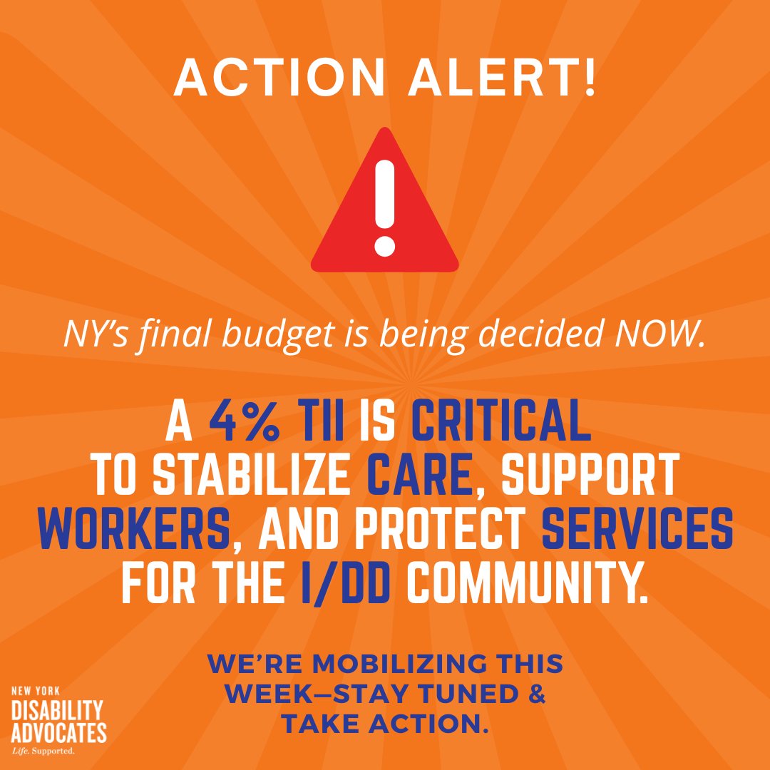 NYDisabilityAdv's tweet photo. NY’s final budget is being decided NOW.

A 4% TII is critical to stabilize care, support workers, and protect services for the I/DD community.

We’re mobilizing this week—stay tuned and take action.

#InvestInUs https://t.co/SvY0lWePi6