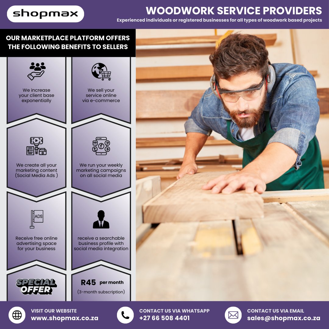 SHOPMAX6's tweet image. 🪵 Carpenter or woodworker?
Get more projects WITHOUT chasing clients.
✔️ We market your services
✔️ You get more jobs
✔️ Sell your services online
💰 From R45/month
👉 Apply now:
shopmax.co.za/sell_your_gene…
#WoodworkSA #Carpentry #Shopmax #GrowYourBusiness #GetClients