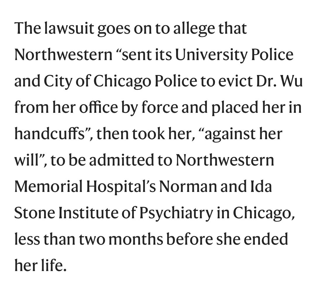 Her employer Northwestern University sent her to a mental institution against her will