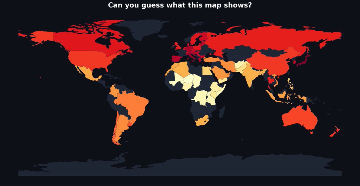 MapPorn_Zone55's tweet image. Can you guess what this map shows? 🗺️ Hint: Japan &amp;amp; Germany score very high (dark red). Mali &amp;amp; Niger score very low (pale/white). No legend on purpose — Answer in replies.
— @MapPorn_Zone55 · link in bio
#MapPorn #geography