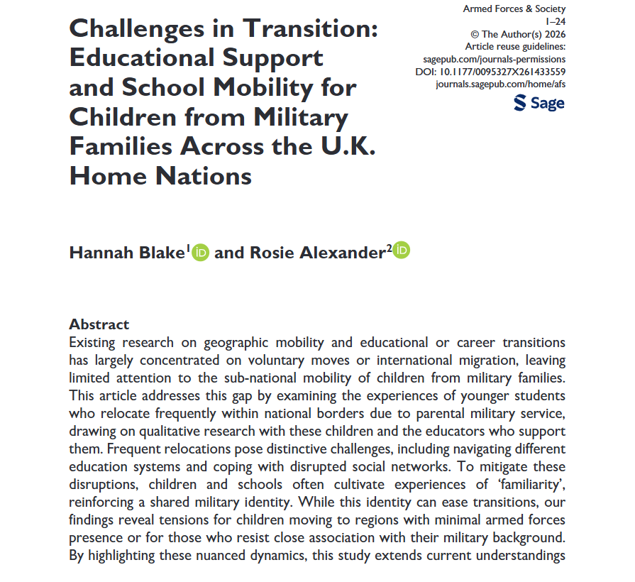 AFS_SAGE's tweet photo. Check out this new article in #OnlineFirst! Challenges in Transition: Educational Support and School Mobility for Children from Military Families Across the U.K. Home Nations - Hannah Blake (@DrHannahBlake), Rosie Alexander (@Rosie148), 2026 https://t.co/SA43Ntu6yG https://t.co/UAesWZsB6L