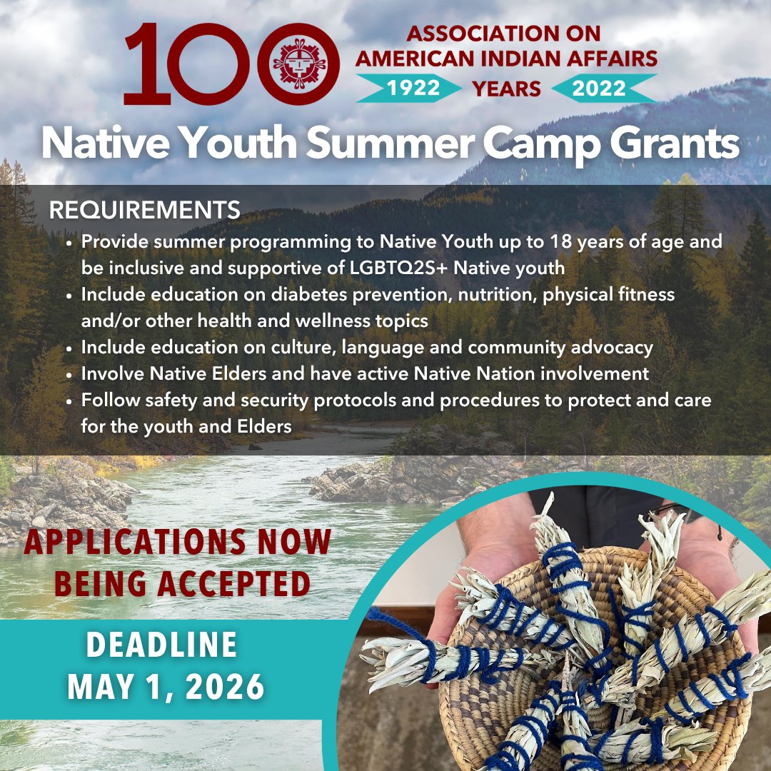 IndianAffairs's tweet image. 🌞🏕️ NOW ACCEPTING Applications for Summer Camp Grants! We are looking to support Native-led camps that center culture, wellness, and youth. #NativeYouth #SummerCamp
Deadline to apply: May 1, 2026
🔗 Learn more + apply: f.mtr.cool/rmirdzyzjm